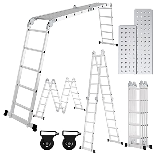 Ikodm 5.8M 4x5 Stufen Aluminium Mehrzweckleiter, Multifunktionsleiter mit plattform, Leiter mit 2 Gerüstplatten, Trittleiter bis 150 kg, Mehrzweckleiter, Klappleiter 20 Stufen, Silber von Ikodm