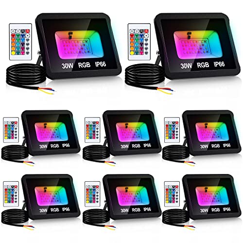 Ikodm 8er 30W RGB Strahler mit Fernbedienung, LED Flutlicht Bunt Dimmbar Fluter scheinwerfer, 16 Farben 5 Modi, Wasserdicht Memoryfunktion für Aussen Innen Wegbeleuchtung Pfadbeleuchtung von Ikodm
