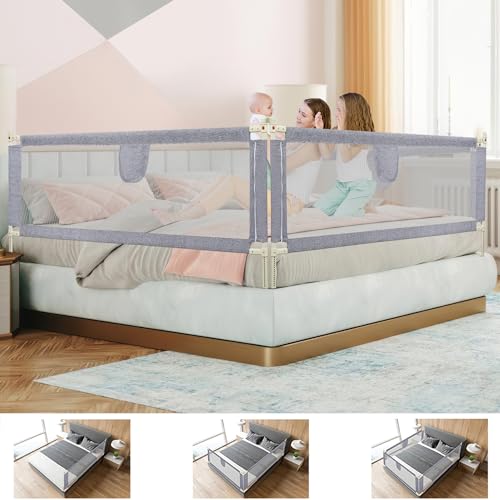 Ikodm Bettgitter für Kinder 180cm und 200cm, Bettschutzgitter Höhenverstellbar von 64-96cm, Rausfallschutz Bett, Kinderbettgitter, Babybettgitter Sicher, Grau von Ikodm