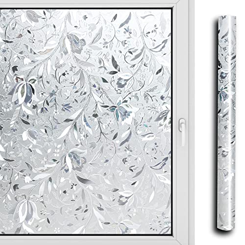 Ikodm Blumen Sichtschutzfolie 60x200cm Statische Keine Klebefolie Selbstklebend 3D Laser Fensterfolie Sonnenschutzfolie Fenster für Innenmontage Zuhause Badzimmer von Ikodm