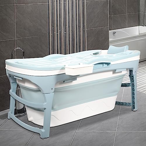 Ikodm Faltbare Badewanne Erwachsene - L 118x60x50cm, Klappbare mobile Badewanne mit Abdeckung & Korb, Klappbadewanne für Badezimmer, Dusche und Balkon (Blau) von Ikodm