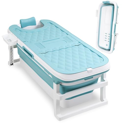 Ikodm Faltbare Badewanne Erwachsene - XL 132x60x50cm, Klappbare mobile Badewanne mit Abdeckung, Massagerollen & Korb, Klappbadewanne für Badezimmer, Dusche und Balkon (Blau) von Ikodm