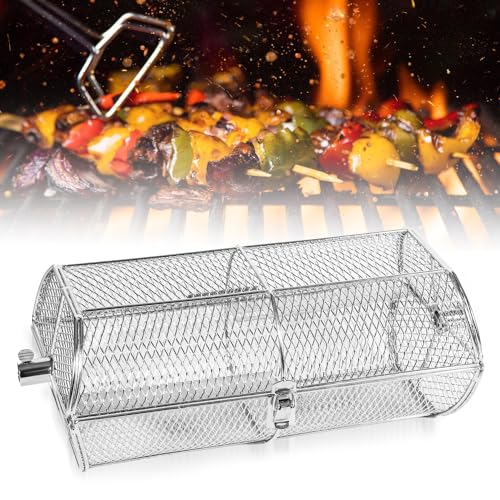 Ikodm Grillkorb Edelstahl für Drehspieß, Grillkorb Gemüse mit Umdrehfunktion, Grillkorb Rund (⌀ max 15mm), Rolling Grillkorb für Gemüse, Pommes Frites, Fisch, Fleisch, 1 Stück, 43 x 19 x 15 cm von Ikodm