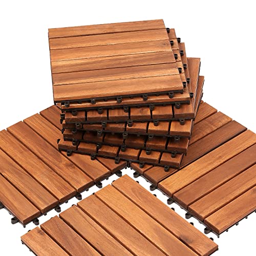 Ikodm Holzfliesen Akazienholz Terrassenfliesen, 33 Stück, 3 m² Balkonfliesen set, 30 x 30 cm Gartenfliesen für Garten Terrasse Balkon Patio, Leicht verlegbar, wetterfest, Braun von Ikodm