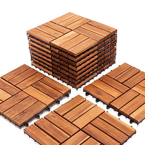 Ikodm Holzfliesen Akazienholz Terrassenfliesen, 33 Stück, 3 m² Balkonfliesen set, 30 x 30 cm Gartenfliesen für Garten Terrasse Balkon Patio, Leicht verlegbar, wetterfest, Braun von Ikodm