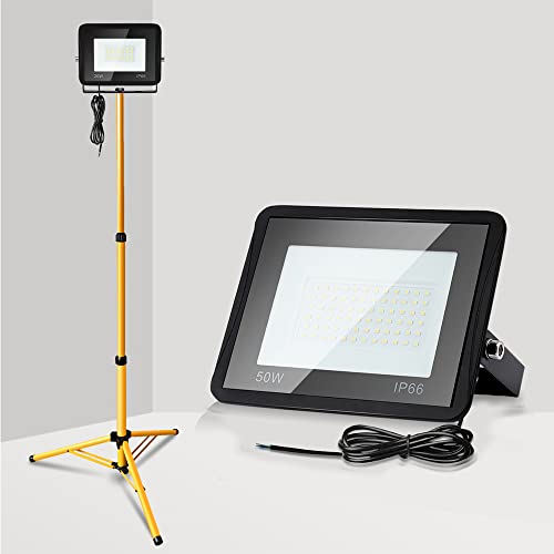 Ikodm LED Baustellenstrahler mit Teleskopstativ, 2x50W Warmweiß Arbeitsleuchte IP66 Wasserdicht 3000K Scheinwerfer 4250LM, Baulampe Innen Außen,Höhenverstellbar (mit 1m Kabel,kein Stecker) von Ikodm