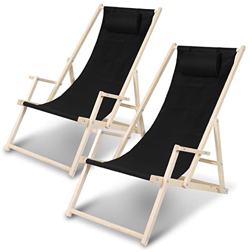 Ikodm Liegestuhl 2X Sonnenliege aus Holz mit Verstellbarer, klappbar mit Handlauf Rückenlehne für Strand und Garten - Sonnenliege mit 120 kg - Schwarz Strandstuhl von Ikodm