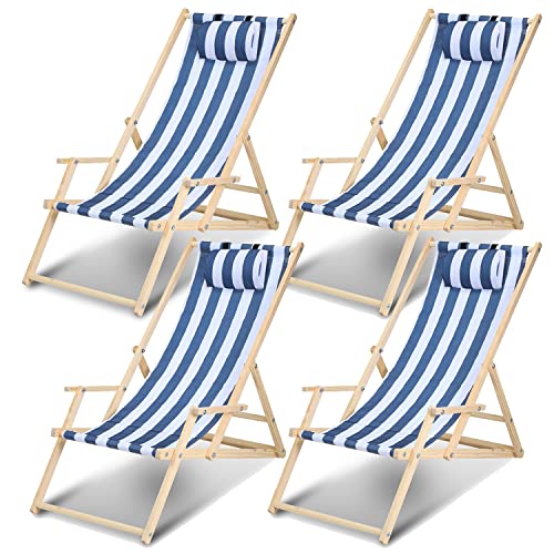 Ikodm Liegestuhl 4X Sonnenliege aus Holz mit Verstellbarer, klappbar mit Handlauf Rückenlehne für Strand und Garten - Sonnenliege mit 120 kg- blau-weiß gestreift Strandstuhl von Ikodm