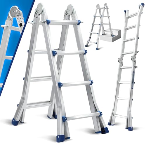 Ikodm Mehrzweckleiter 513cm 4x5 Sprossen Teleskopleiter 3 in 1 Aluleiter Multifunktionsleiter Klappleiter, Anlegeleiter Bockleiter Schiebeleiter beidseitige Steh und Treppenleiter von Ikodm