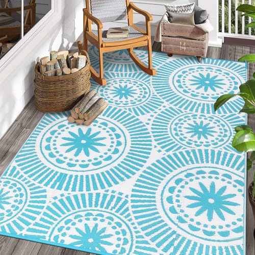 Ileading Wendbarer Kunststoff-Outdoor-Teppich, moderner geometrischer Stil, Strohmatte, wasserdicht, für Terrassen, 1.8x2.7 m, fusselfrei, tragbare Dekoration, Hinterhof, Blaugrün von Ileading