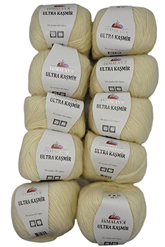 10 x 50 Gramm Himalaya Kashmir Strickgarn einfarbig, 500 Gramm Strickwolle mit 25% Alpaca Wolle, uni (creme 56809) von Ilkadim Export