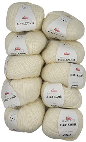 10 x 50 Gramm Himalaya Kasmir Strickgarn einfarbig, 500 Gramm Strickwolle mit 25% Alpaca Wolle, uni (creme 56808) von Ilkadim Export