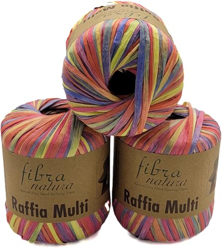 105 Gramm Fibra Natura Raffia Multi Bast-Garn bunt, 100% Viskose/Zellulose, Makramee Kordel Naturgarn mehrfarbig (rosa blau grün ua 117-01) von Ilkadim Export