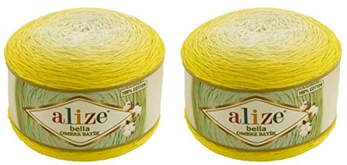 2 x 250 g Alize Bella Batik Ombre Strickwolle Farbverlauf, 500 Gramm Strickgarn 100% Baumwolle, Farbverlaufswolle (gelb 7414) von Ilkadim Export