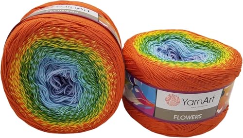 2 x 250g Ilkadim Export Flowers Bobbel Wolle Mehrfarbig, 55% Baumwolle, 500g Bobble Strickwolle mit Farbverlauf (orange grün blau lila 255) von Ilkadim Export