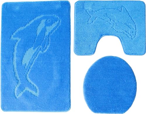 3-teiliges Badset Gökyildiz Delphin einfarbig, Badteppich 55x85cm, WC-Vorleger mit Ausschnitt für EIN Stand-WC (hellblau) von Ilkadim Export