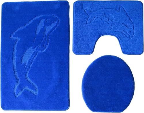 Ilkadim Export 3-teiliges Badset WC Delphin Muster einfarbig, Badteppich 55x85cm, WC-Vorleger mit Ausschnitt für Stand-WC (Royalblau) von Ilkadim Export