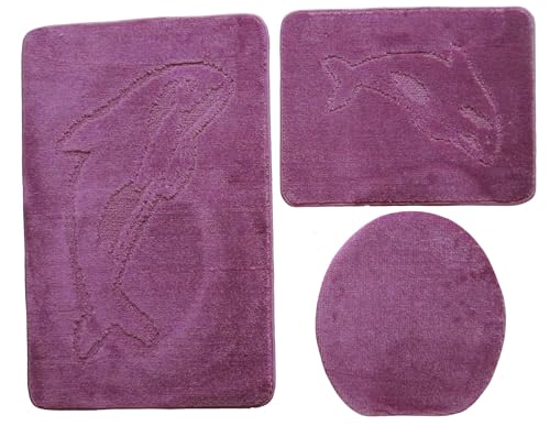 3- teiliges Badvorleger Set Ilkadim Export mit Delphin Muster, Bad Teppich 55cm X 85cm ohne Auschnit gerade für Hänge WC (Beere hell) von Ilkadim Export