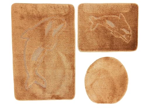 3- teiliges Badvorleger Set Ilkadim Export mit Delphin Muster, Bad Teppich 55cm X 85cm ohne Auschnit gerade für Hänge WC (Braun) von Ilkadim Export