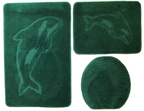 3- teiliges Badvorleger Set Ilkadim Export mit Delphin Muster, Bad Teppich 55cm X 85cm ohne Auschnit gerade für Hänge WC (Dunkelgrün) von Ilkadim Export