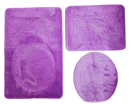 3- teiliges Badvorleger Set Ilkadim Export mit Delphin Muster, Bad Teppich 55cm X 85cm ohne Auschnit gerade für Hänge WC (Lila) von Ilkadim Export
