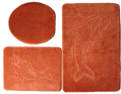 3- teiliges Badvorleger Set Ilkadim Export mit Delphin Muster, Bad Teppich 55cm X 85cm ohne Auschnit gerade für Hänge WC (Terracotta) von Ilkadim Export