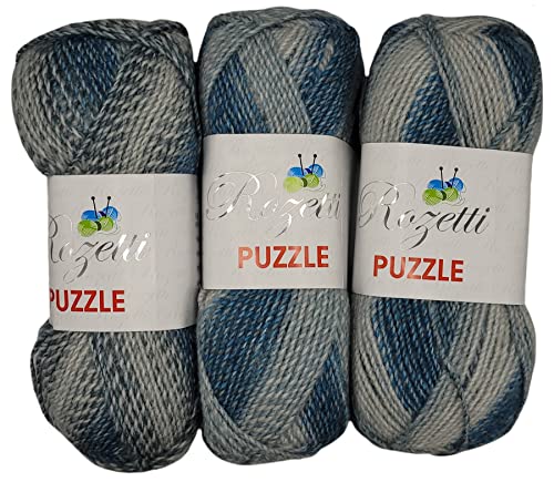 3 x 200 Gramm Rozetti Puzzle Strickgarn, Wolle mehrfarbig, 600 Gramm Strickwolle mit Farbverlauf (blau grau 233-08) von Ilkadim Export