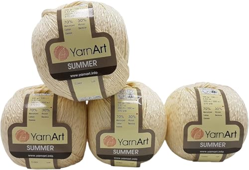4 x 100 Gramm Summer Strickgarn, 4 x 100 Gramm 70% merzerisierter Baumwolle und 30% Viskose, einfarbig (creme 06) von Ilkadim Export