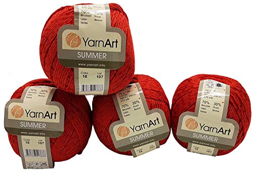 4 x 100 Gramm Summer Strickgarn, 4 x 100 Gramm 70% merzerisierter Baumwolle und 30% Viskose, einfarbig (rot 16) von Ilkadim Export