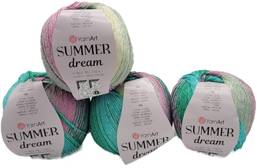 400 Gramm Summer Dream Strickgarn, 4 x 100 Gramm 70% merzerisierter Baumwolle und 30% Viskose, mehrfarbig (rosa grün creme türkis 4309) von Ilkadim Export