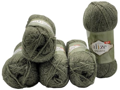 5 x 100 Gramm Ilkadim Export Alpaka Royal Strickwolle, 500 Gramm Strickgarn einfarbig mit 15% Alpakawolle (oliv 577) von Ilkadim Export