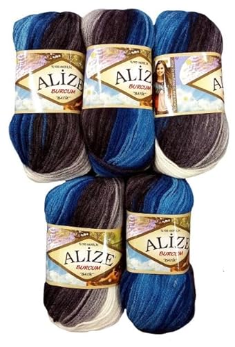 5 x 100 Gramm Alize Burcum Batik Wolle mehrfarbig mit Farbverlauf, 500 Gramm Acryl Strickwolle bunt (blau türkis weiss ua 4200) von Ilkadim Export