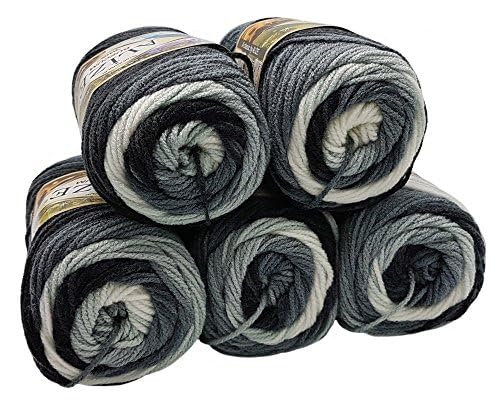 5 x 100 Gramm Alize Burcum Batik Wolle mehrfarbig mit Farbverlauf, 500 Gramm Acryl Strickwolle bunt (grau weiß 1900) von Ilkadim Export
