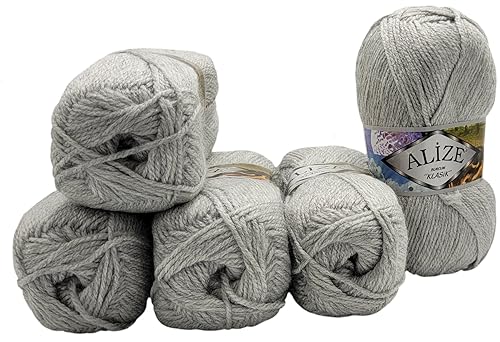 5 x 100 Gramm Alize Burcum Klasik Strickwolle einfarbig, 500 Gramm Wocke uni, Acrylgarn (grau 208) von Ilkadim Export