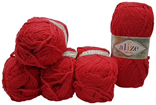 5 x 100 Gramm Alize Softy Plus Strickwolle, 500 Gramm Wolle mit leichtem Plüsch, Babywolle flauschig (rot 56) von Ilkadim Export