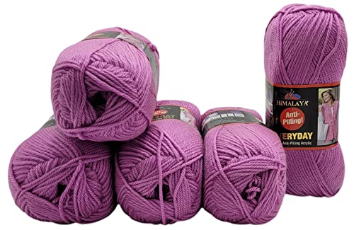 5 x 100 Gramm Everyday Antipilling Wolle einfarbig, 500 Gramm Strickwolle uni mit Anti-Pilling Effekt (flieder 70003) von Ilkadim Export