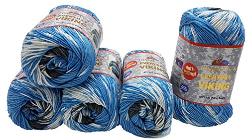 5 x 100 Gramm Everyday Viking Antipilling Wolle mit Farbverlauf, 500 Gramm Strickwolle mit Anti-Pilling Effekt Mehrfarbig, Norwegermuster (blau weiss 70510) von Ilkadim Export