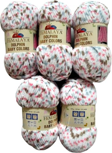 5 x 100 Gramm Himalaya Dolphin Baby Colors Strickwolle Babywolle Mehrfarbig, 500 Gramm Strickgarn super Bulky (weiss blau lachs braun 80413) von Ilkadim Export