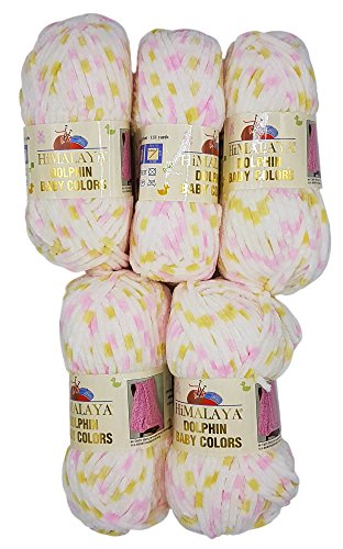 5 x 100 Gramm Himalaya Dolphin Baby Colors Strickwolle Babywolle Mehrfarbig, 500 Gramm Strickgarn super Bulky (weiss gelb rosa 80408) von Ilkadim Export