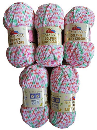 5 x 100 Gramm Himalaya Dolphin Baby Colors Strickwolle Babywolle Mehrfarbig, 500 Gramm Strickgarn super Bulky (weiss grün rosa lachs 80404) von Ilkadim Export