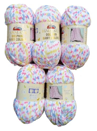 5 x 100 Gramm Himalaya Dolphin Baby Colors Strickwolle Babywolle Mehrfarbig, 500 Gramm Strickgarn super Bulky (weiss lachs gelb blau 80417) von Ilkadim Export