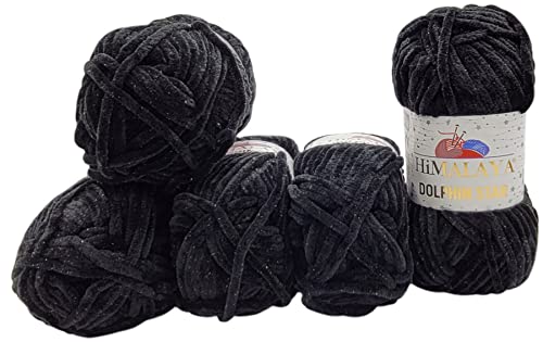 5 x 100 Gramm Himalaya Dolphin Star Strickwolle, Babywolle mit Glitzer, 500 Gramm Wolle Super Bulky (schwarz 92111) von Ilkadim Export