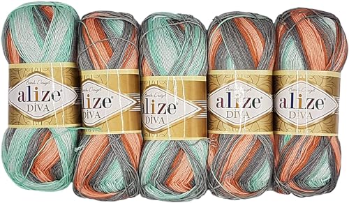 5 x 100 Gramm Ilkadim Export Diva Batik Strickgarn mehrfarbig mit Farbverlauf, 500 Gramm merzerisierte Strickwolle Microfiber-Acryl (grau lachs mint 5550) von Ilkadim Export
