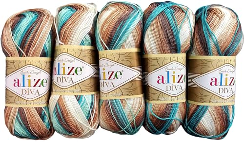 5 x 100 Gramm Ilkadim Export Diva Batik Strickgarn mehrfarbig mit Farbverlauf, 500 Gramm merzerisierte Strickwolle Microfiber-Acryl (grün braun beige weiss ua 4603) von Ilkadim Export