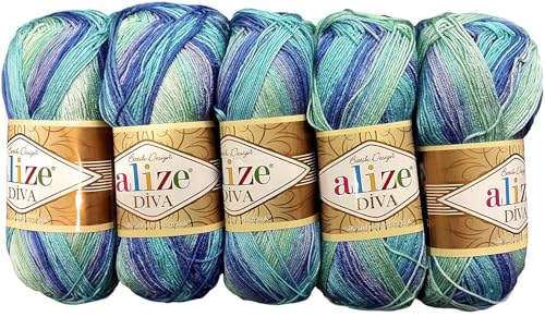 5 x 100 Gramm Ilkadim Export Diva Batik Strickgarn mehrfarbig mit Farbverlauf, 500 Gramm merzerisierte Strickwolle Microfiber-Acryl (mint blau 1767) von Ilkadim Export