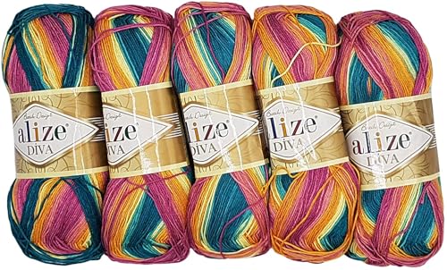 5 x 100 Gramm Ilkadim Export Diva Batik Strickgarn mehrfarbig mit Farbverlauf, 500 Gramm merzerisierte Strickwolle Microfiber-Acryl (pink grün rosa orange 4572) von Ilkadim Export