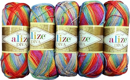 5 x 100 Gramm Ilkadim Export Diva Batik Strickgarn mehrfarbig mit Farbverlauf, 500 Gramm merzerisierte Strickwolle Microfiber-Acryl (pink orange grün blau 3242) von Ilkadim Export
