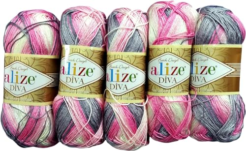 5 x 100 Gramm Ilkadim Export Diva Batik Strickgarn mehrfarbig mit Farbverlauf, 500 Gramm merzerisierte Strickwolle Microfiber-Acryl (rosa grau weiss 3245) von Ilkadim Export