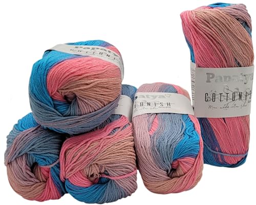 5 x 100 Gramm Papatya Cottonish Antipilling Wolle mit Farbverlauf, 500 Gramm Strickwolle mit Anti-Pilling Effekt Mehrfarbig (blau flieder rosa apricot 05) von Ilkadim Export