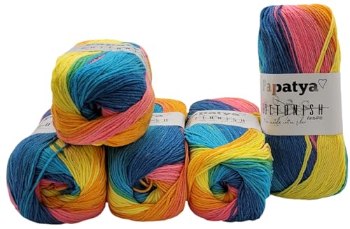 5 x 100 Gramm Papatya Cottonish Antipilling Wolle mit Farbverlauf, 500 Gramm Strickwolle mit Anti-Pilling Effekt Mehrfarbig (blau orange gelb rosa 09) von Ilkadim Export